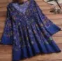 Большие размеры Летняя мода Boho Хлопок Лен с рисунком блуза, Топ Свободный Топ Женская рубашка с длинными рукавами Blusas Femininas пуловер - Цвет: Синий