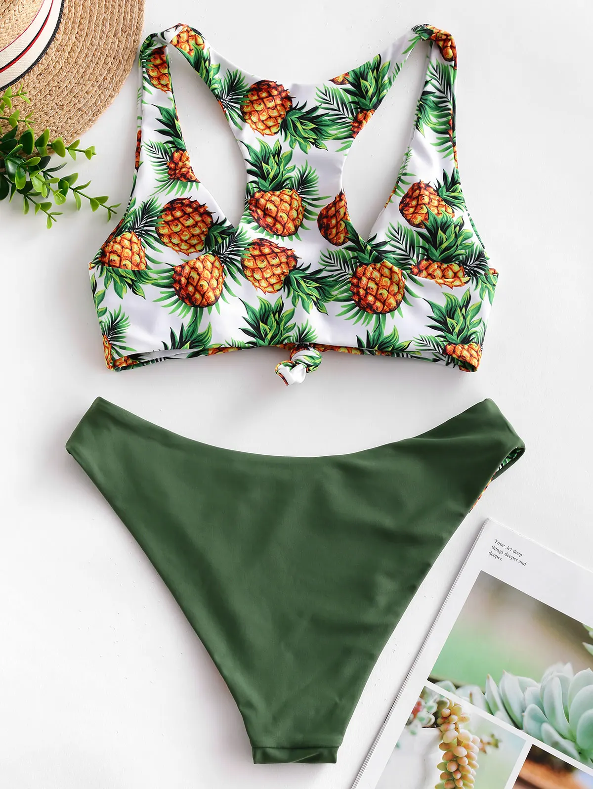 ZAFUL Women Reversible Pineapple Print Racerback Bikini Swimwear Scoop Neck Tropical Bikini Sets Solid Color Two Pieces Swimsuit ZAFUL Women Reversible Pineapple Print Racerback Bikini Swimwear Scoop Neck Tropical Bikini Sets Solid Color Two Pieces Swimsuit