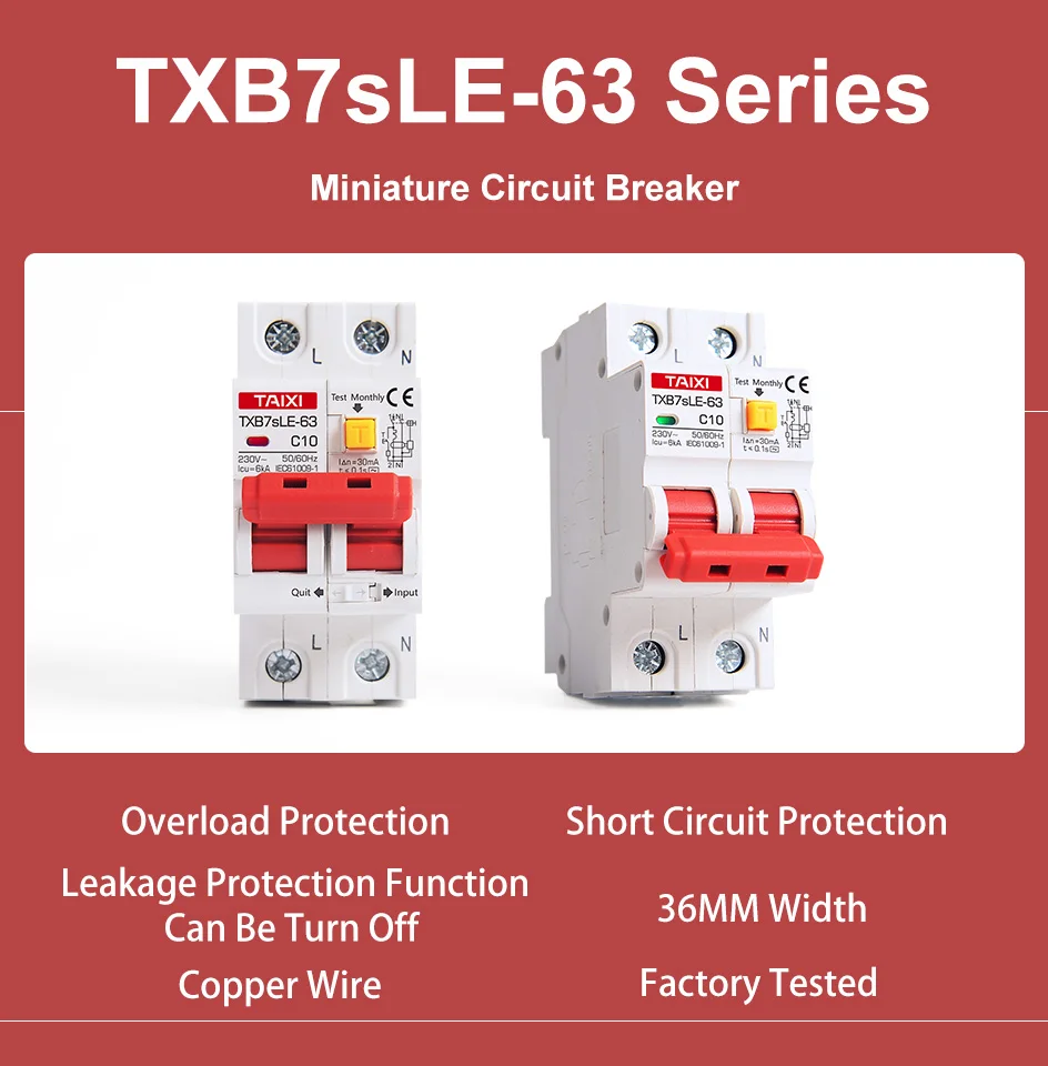 Мини-выключатель с остаточным током и защитой от утечки 2P Ширина RCBO используется для бытовых и промышленных txb7
