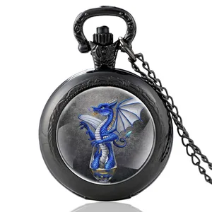 Cute Dragon In the Cup  Dragon Pattern Vintage Quartz Pocket Watch Men Women Charm Pendant Necklace Hours Clock