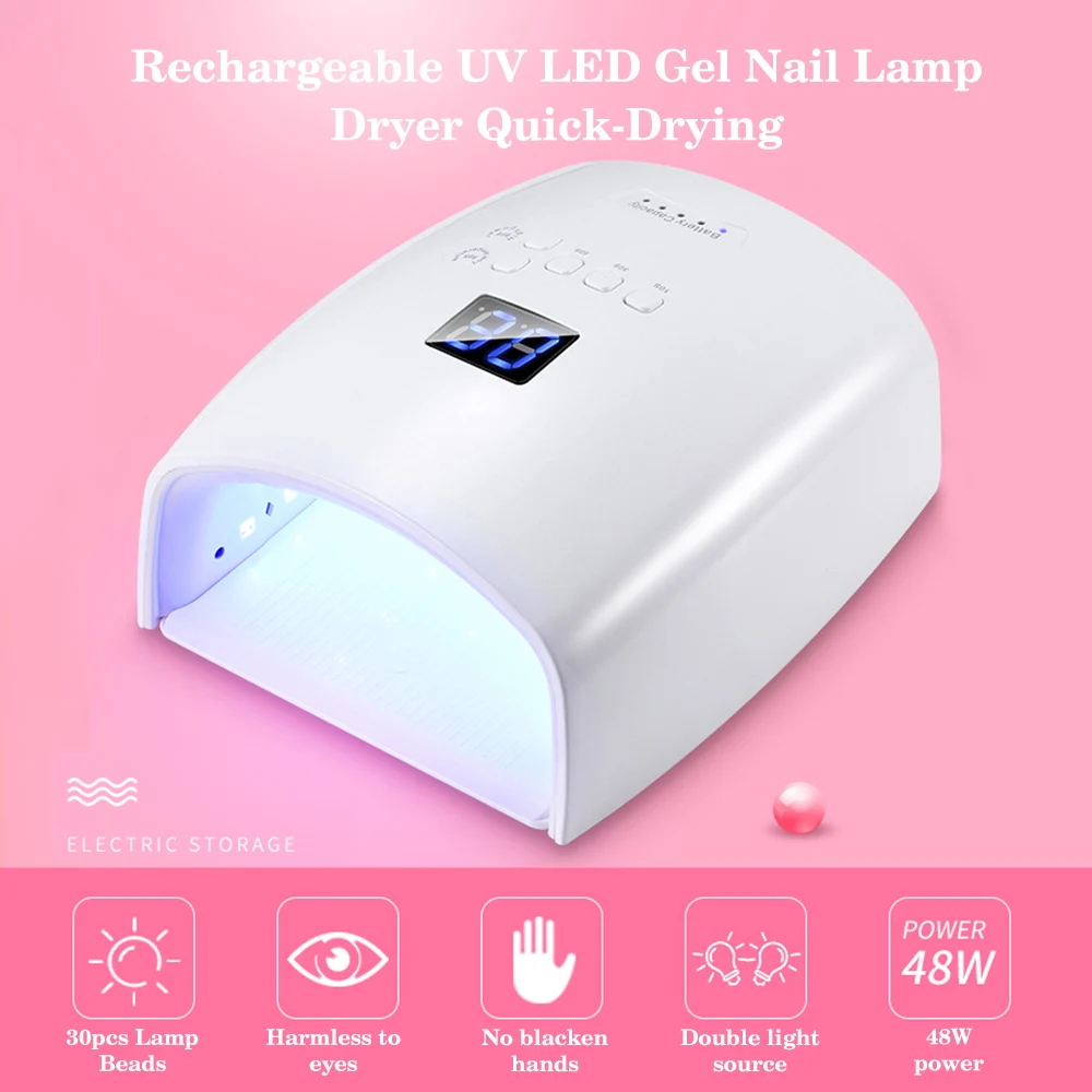 

48W Rechargeable Nail Dryer UV LED Nail Lamp Gel Polish Curing Lamp 30 Leds Wireless LCD Display 10s/30s/60s Timer Setting