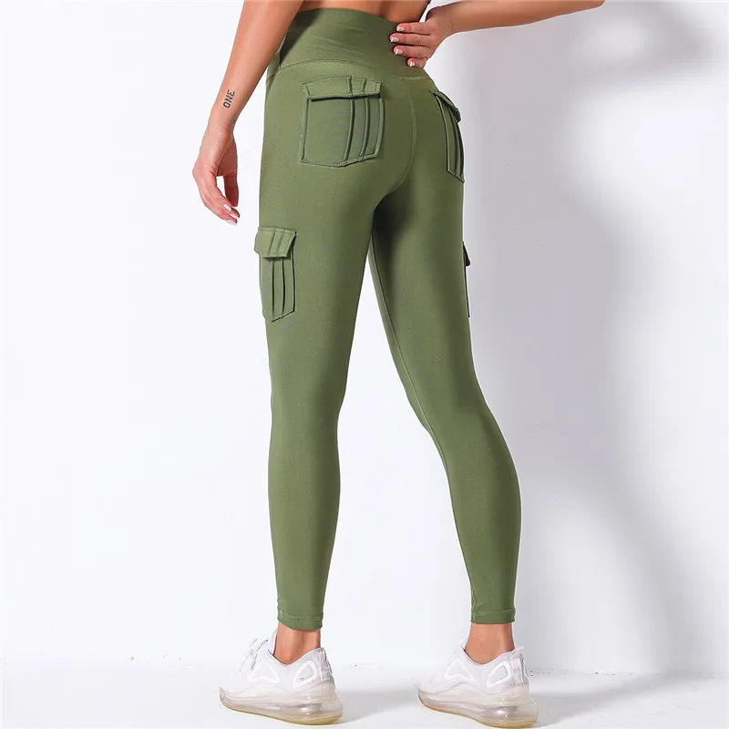 Green Fitness Pants For Women High Waist Leggings Pocket Patchwork Solid  Push Up Pants Women Clothing Polyester Cargo Pants - AliExpress