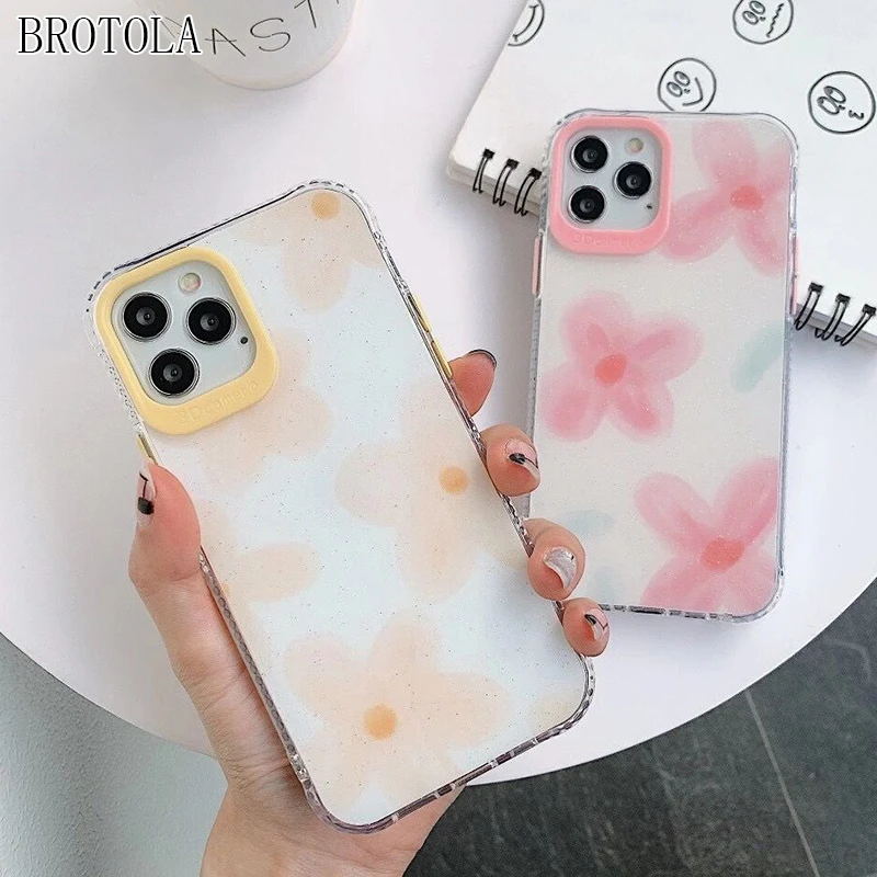 

Glitter Powders Watercolour Flower Phone Cover For iPhone 12 Mini 11 Pro XR XS Max 7 8 Plus Antifall Thicken Ripples Frame Case