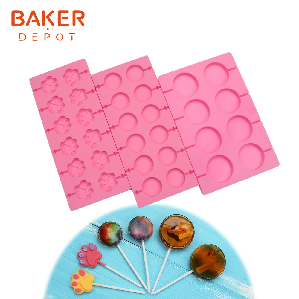 

BAKER DEPOT silicone mold for lollipop 3 pc/set candy chocolate lolly form cake decoration tool round paw lollipops with stick