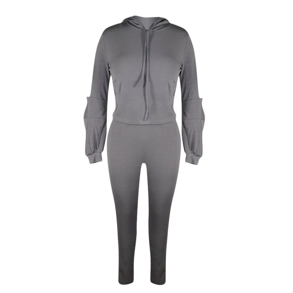 Women 2Pcs Sport Running Set Casual Solid Long Sleeve Crop Top Hooded Long Pant Suit Female Outdoor Jogging Tracksuit For