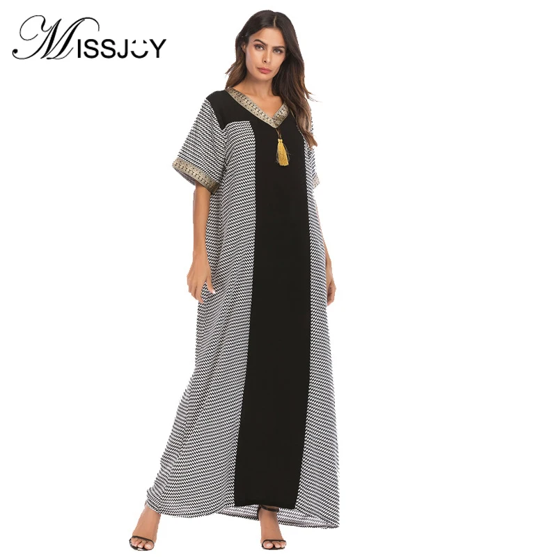 

Hit color stitching embroidered Middle Eastern loose robes Arabian elegant V-Neck short sleeve Casual Ankle-Length Dress