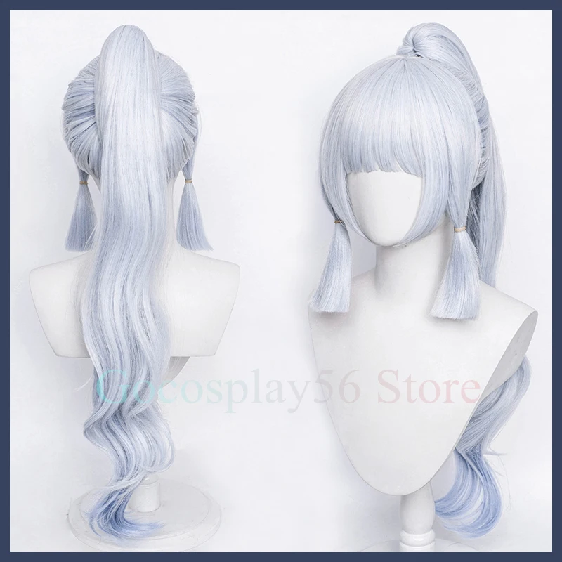 

Genshin Impact Cosplay Shenli Linghua Wig Kamisato Ayaka Gradient Long Curly Ponytail Bangs Temples Light Blue Synthetic Hair