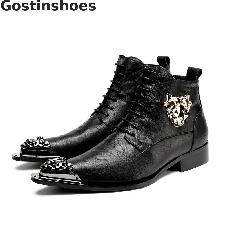 

Men Boots Genuine Leather Black Lace-up Ankle Boots Rubber Outsole Metal Capped Toe Pointed Fashion Men Work Martin Short Boots