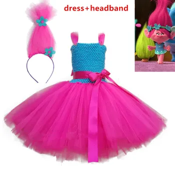

Girls Tutu Dress Trolls Inspired Baby Costume Kids Trolls Poppy Cosplay Christmas halloween Birthday Party costume+wig Vestido