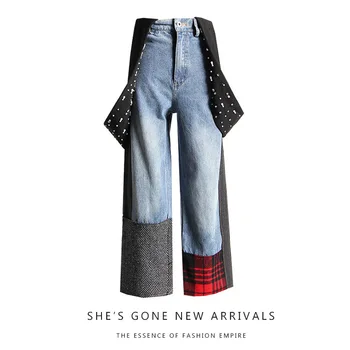 

Suspender Pants Women's 2019 Autumn New Style Industrial Beads Contrast Color Joint Capri Wide-Leg Jeans Women's