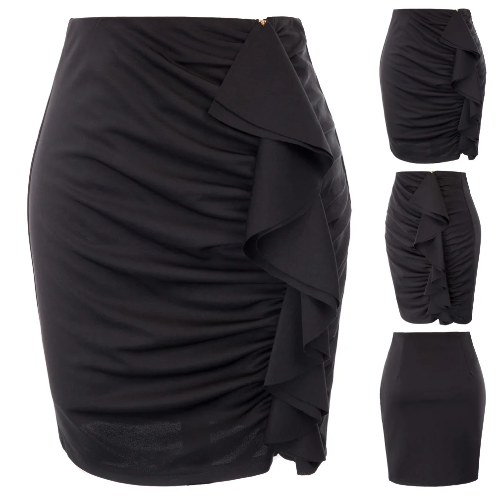 

KK Womens Mini Ruched Detail Flounce Front Bodycon Pencil Zipper Skirt Black I1