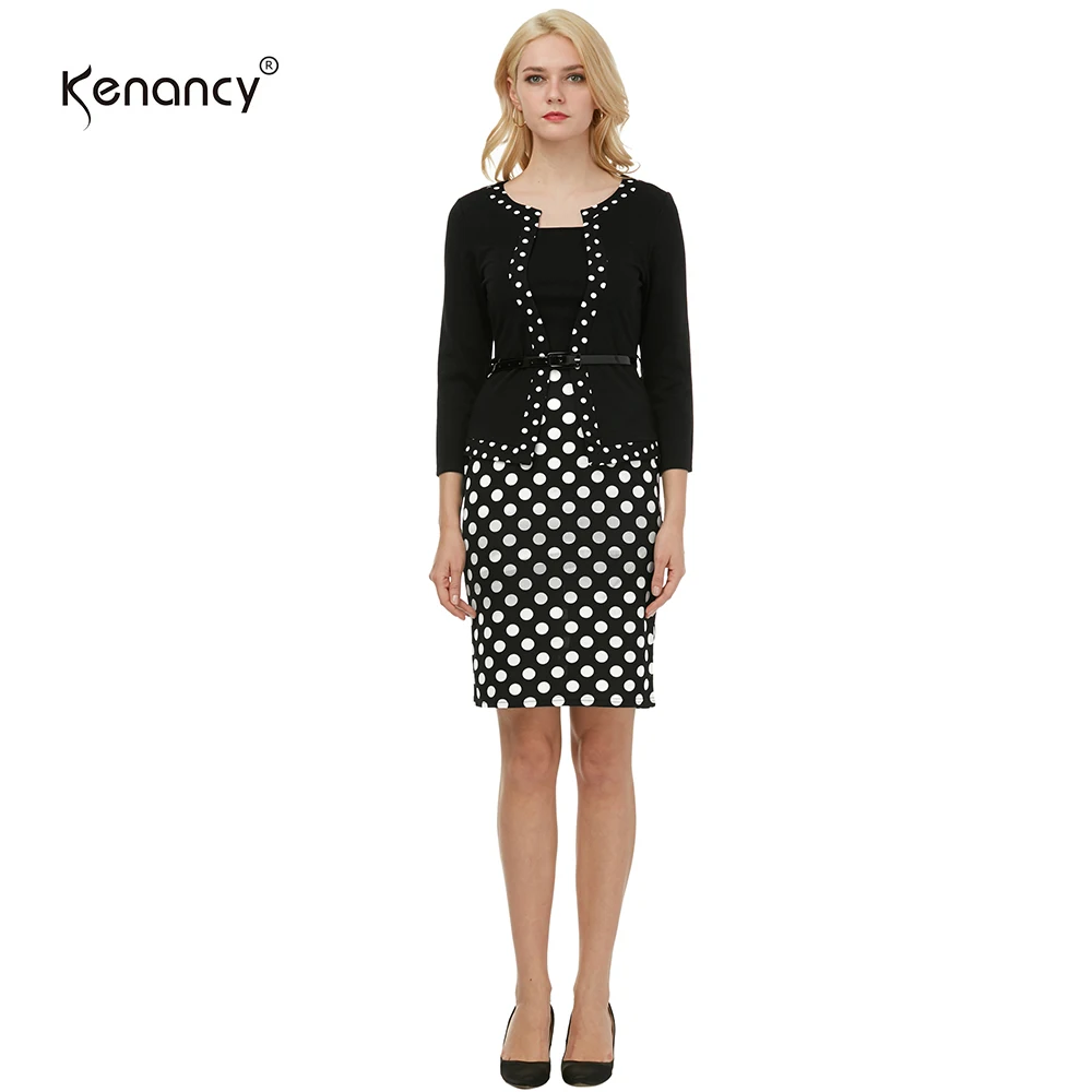 Kenancy, модное, контрастное, цветное, стильное, женское платье для работы, 3/4 рукава, имитация двух частей, платье-карандаш, в горошек, с поясом