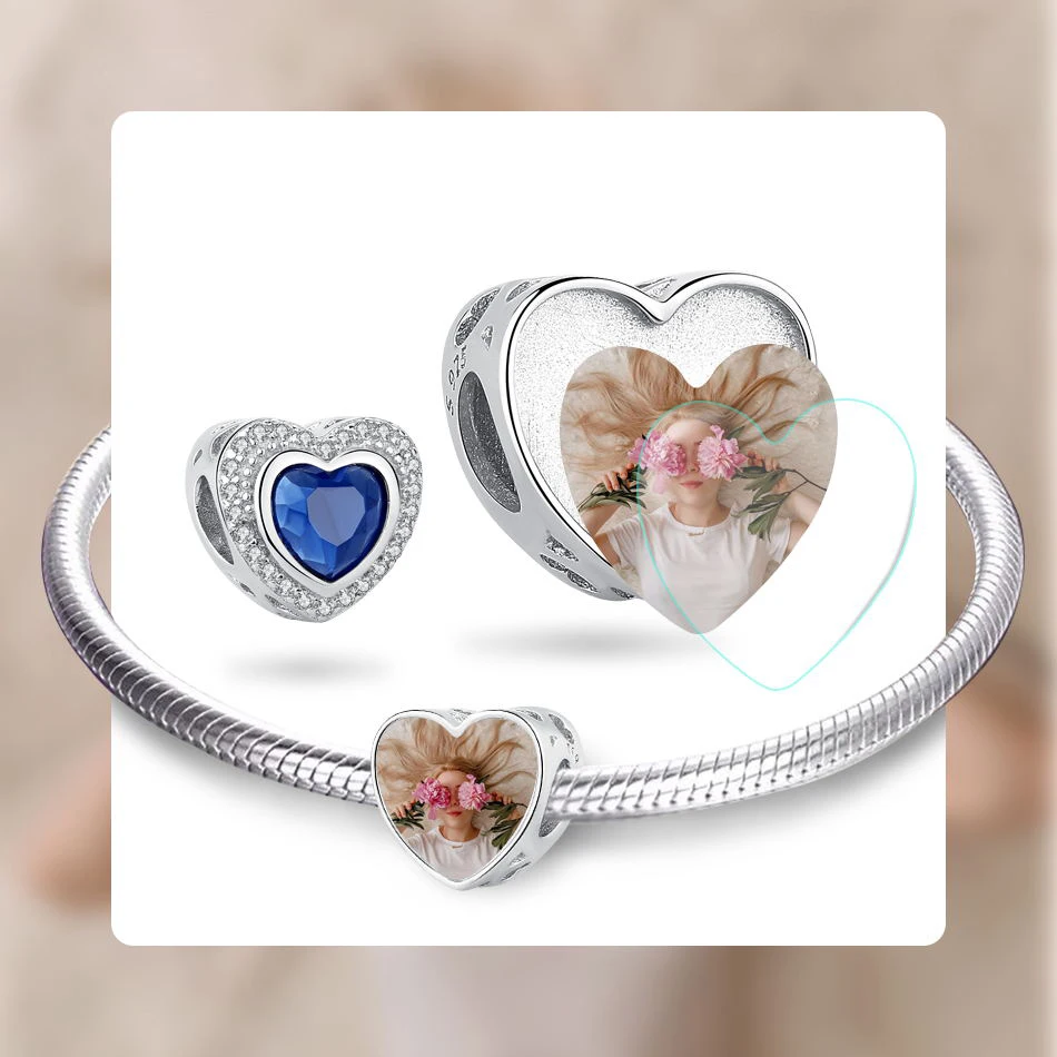 

BELAWANG Personalized Blue Crystal Heart Bead Fit Original Bracelet 925 Sterling Silver Custom Photo Charm For Women DIY Jewelry
