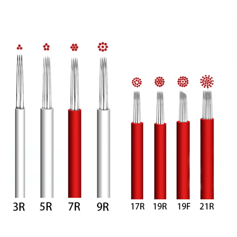 Agujas redondas para tatuaje, 3R, 5R, 7R, 9R, 17R, 19R, 21R, para maquillaje semipermanente, pluma Manual, ceja difuminada, hoja de Lamina sombreada, 50 Uds.