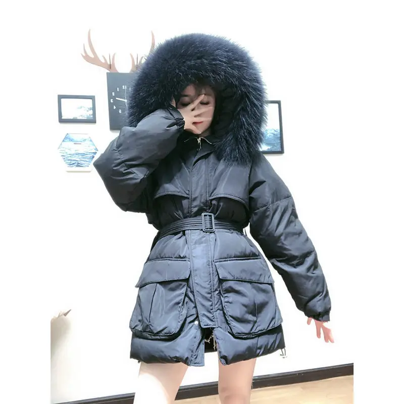 White Down Coat Winter Woman Fashion New Hooded Fur Collar Warm Thicken Cotton Clothing Casual Parkas Belt Overcoat f1401