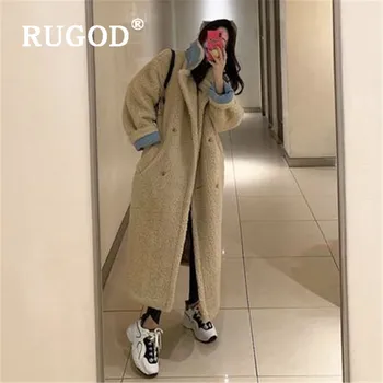 

RUGOD Fashion Long Thick Lamb Wool Coat Women Elegant Double Breasted Long Sleeve Long Winter Jacket Oversize Fluffy Winter Coat