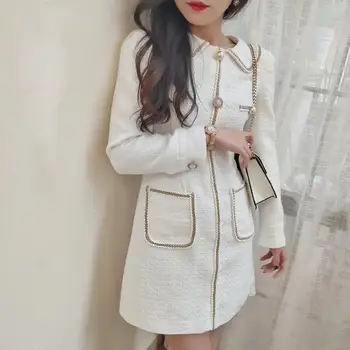 

elegant 2020 spring autumn winter women white tweed dresses long sleeve buttons pockets celebrity slim mini dress Y648
