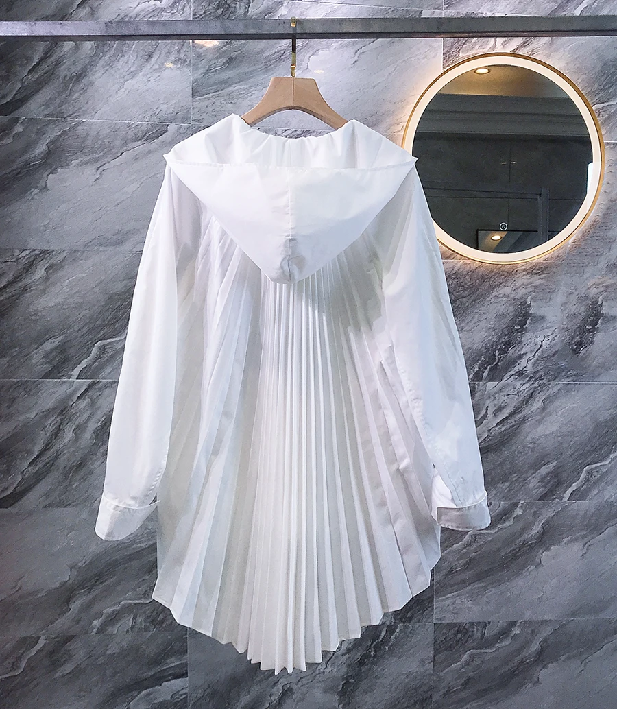 Neploe 2020 Korean Hooded Blouse Top Fashion Long Sleeve Sunscreen Blouses Coat Clothes Women Spring Pleated Blouse Jacket 57144