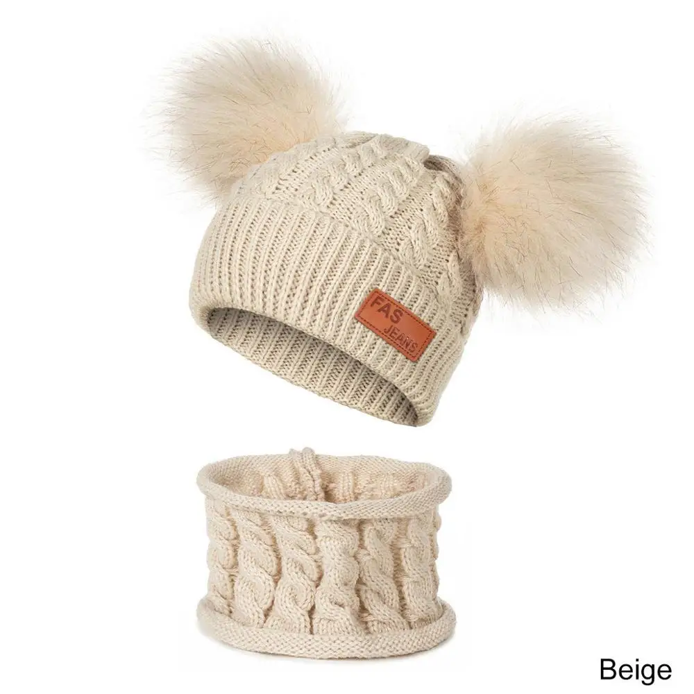 Комплект из шарфа и шапки для мальчиков и девочек; детская зимняя шапка; комплект из шарфа; шапки с помпонами для девочек; сезон осень-зима; вязаные шапочки; плотная теплая шапка - Цвет: c