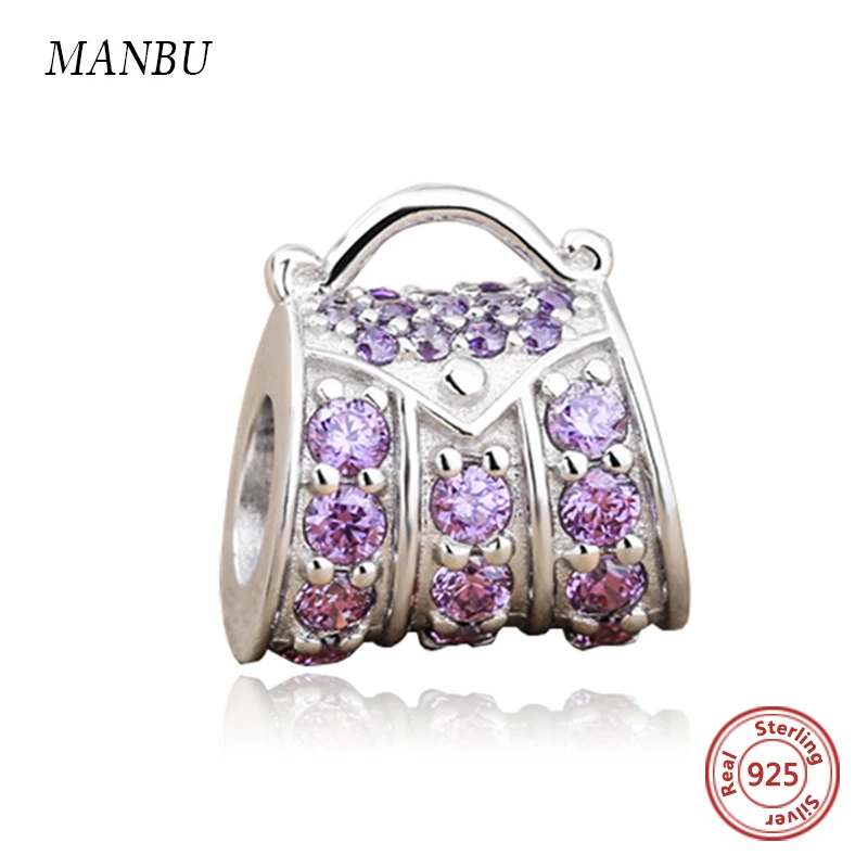 

Fit Pandora charm silver 925 original beads luxury women handbag charms with purple CZ diy jewelry making for gifts wholesale