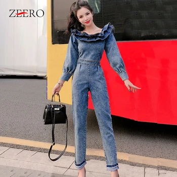 

2020 Ladies Denim Ruffles Jumpsuit Women Sexy Slash Neck Jeans Rompers Female Casual Pockets Streetwear Denim Overall Playsuit