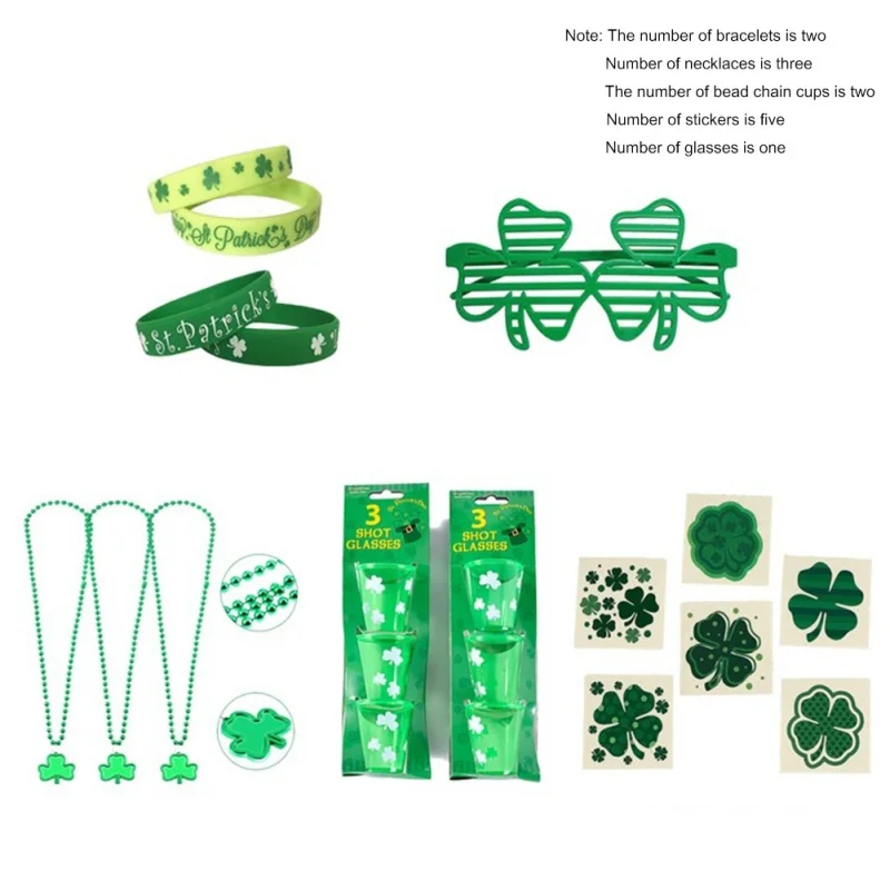 

Irish Festival Dress Up Set Green Shamrock Necklace Headband Badge Ties Plastic Photo Props Party DIY Decoration Funny Ornaments