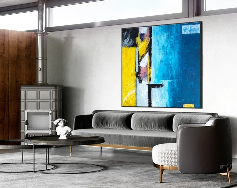 

Construction Wall Art Expressionism Yellow And Blue Modern Painting Wall Art On Canvas Large Acrylic Canvas Abstract Painting
