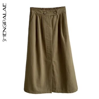 

SHENGPALAE 2020 Autumn Washed Cotton Skirt Mid-length New Solid Color All-match Button High Waist Simple A-Line Skirt ZT1001