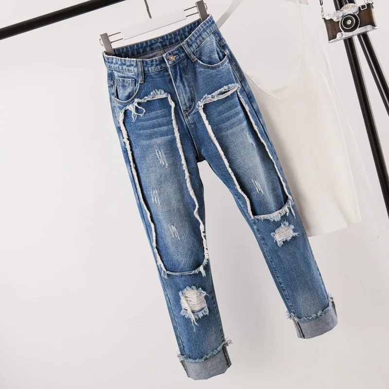 

Fall 2019 Big Size Female Wear Fat Sister Loose And Slim Wear Hole Jeans