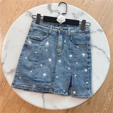 Denim Jean Skirt for Women 2020 Summer New All-match Slit Denim Crystal Diamond Skirt High Waist Denim Short Mini Skirts Jupe
