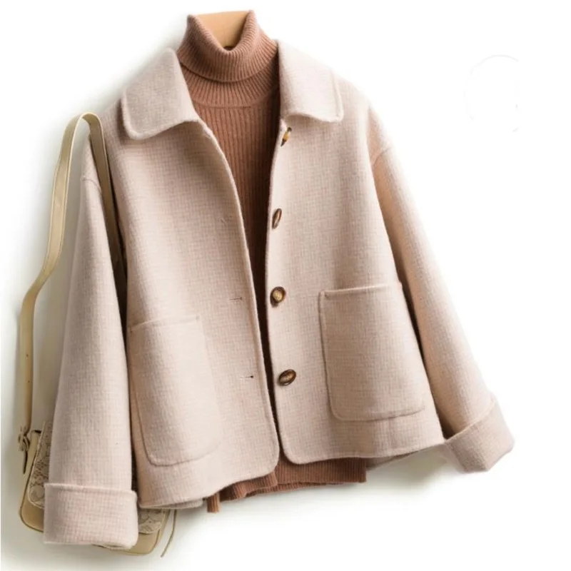 

2019 Autumn Winter Short Double Sided Wool Coat High Quality Blend Woolen Jacket Women Korean Loose Casual Solid Outwear Female