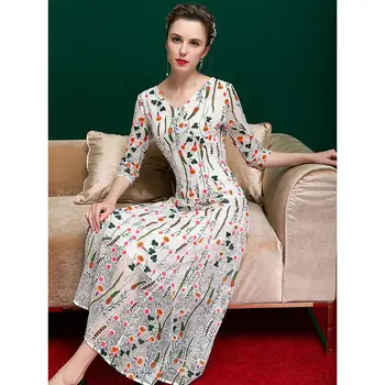 

Slim Lace Long Women Dress 2020 New Spring Summer V-neck Three Quarter Sleeve Floral Printed Elegant Party Dresses