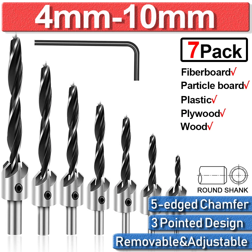 7Pcs Carpentry Countersink Drill Bit Set Round Shank HSS High Speed Steel Woodworking Pilot Screw Holes 3 4 5 6 7 8 10mm D35