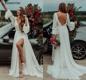 

Boho Wedding Dresses 2020 With Long Flare Sleeves V Neck Open Backless Court Sweep Beach Bridal Gowns Vestido de Noiva Custom