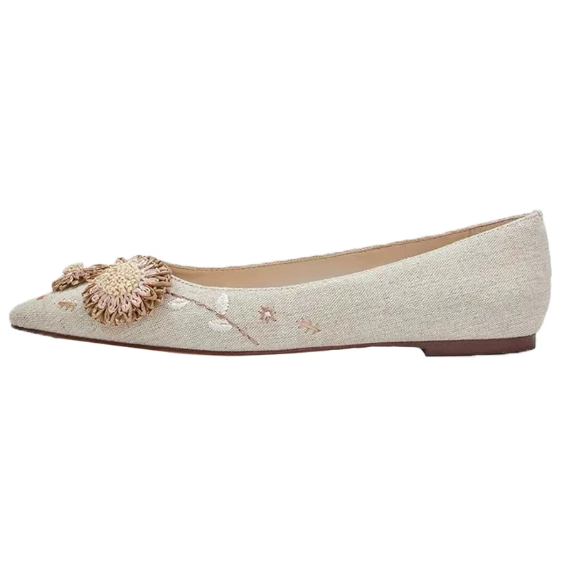 Women pointed Flats Flower Slip On Cotton Fabric Linen Comfortable Women applique Ballerina Flat Shoes Sapato Feminino