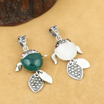 

925 Sterling Silver Jewelry Retro Thai Silver Men and Women Marcasite Inlaid Opal Agate Cute Fish Couple pendant