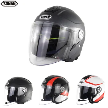 

Soman ECE Chopper Helmet Dual Lens Women Helmet Open Face 3/4 Scooter Vintage Helmets Bluetooth Headset Motorcycle Safe Headgear