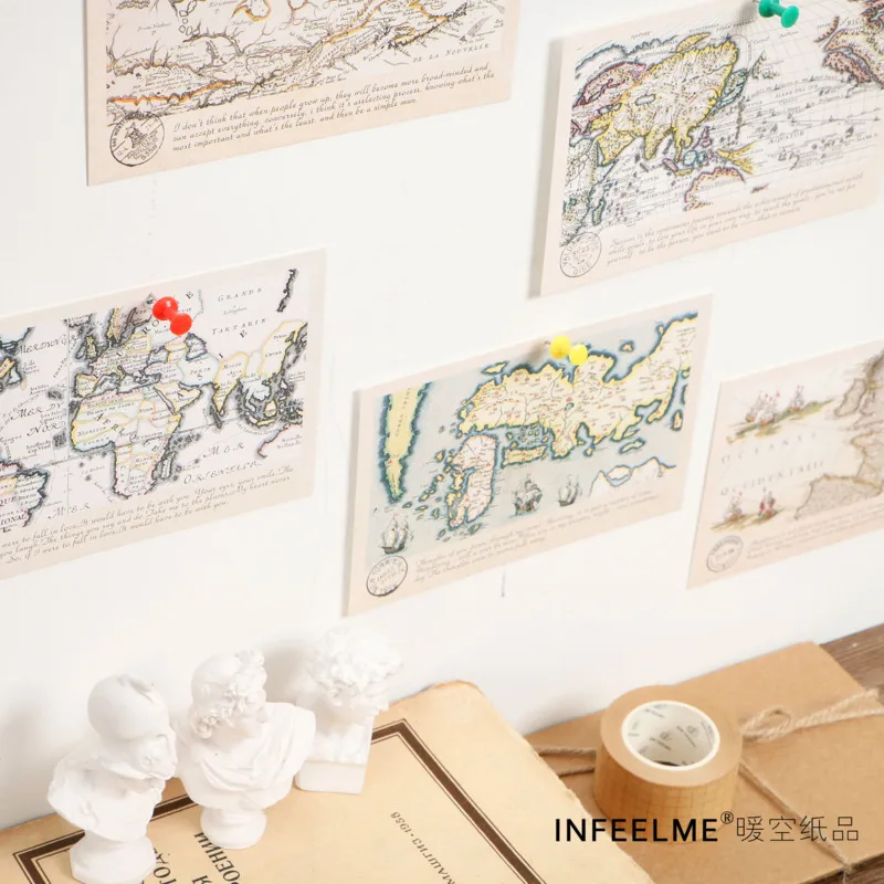 30pcs Retro World Travel Map Postcard Writable Decoration Cards Journal Wall Sticker Photo Props Greeting Paper Stationery Gift