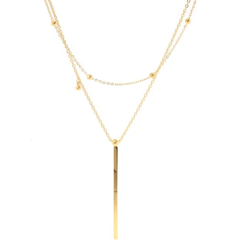 

Hongcheng Jewellery 2 Layers Necklace for Women Show Thin Face Beads Clavicle Chain Long Cube Pendants Chain Titanium HC233-1