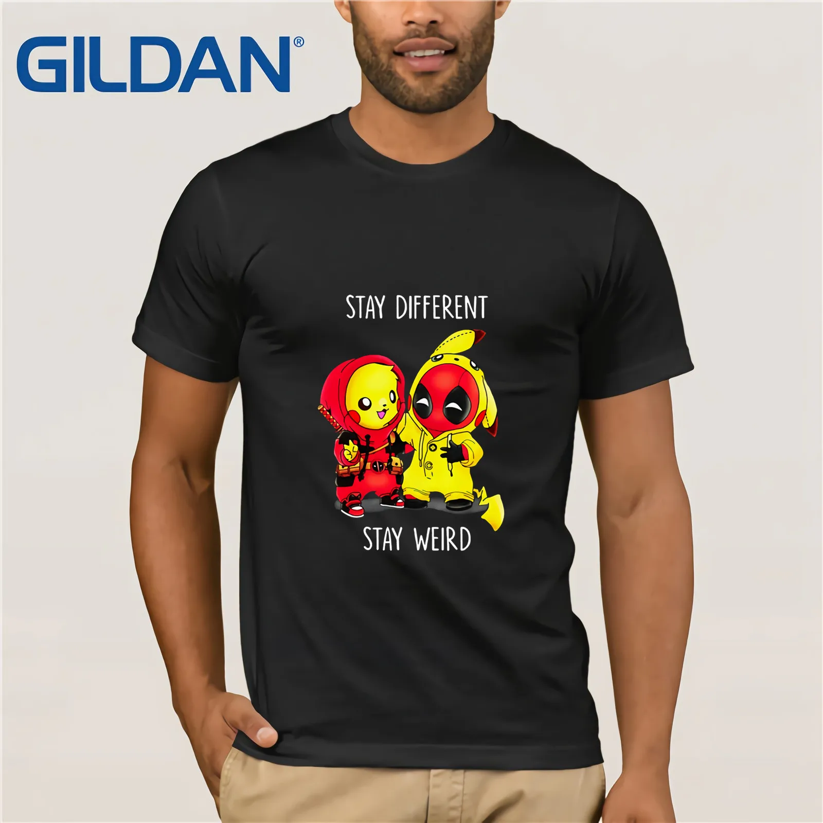 Pikachu Deadpool Stay Different Weird Shirt Summer Men's Short Sleeve T-Shirt Vintage Crew Neck Cotton Tee Present | Мужская одежда