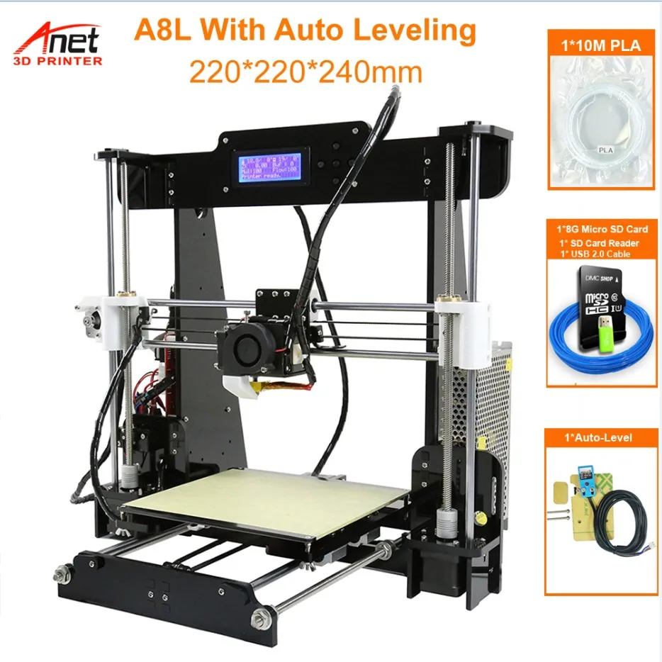 Горячий Продавать Anet A8 3D Принтер Размер Печати 220* 220* 240 мм Оффлайн Печати Cura DIY Kit С 8 ГБ Micro SD Card Reader USB