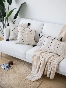 

Beige Linen Cotton Cushion Cover with Tassels Dot Embroidery Home Decoration Pillow Cover Sofa Pillowcase Pillow Sham 30x50cm