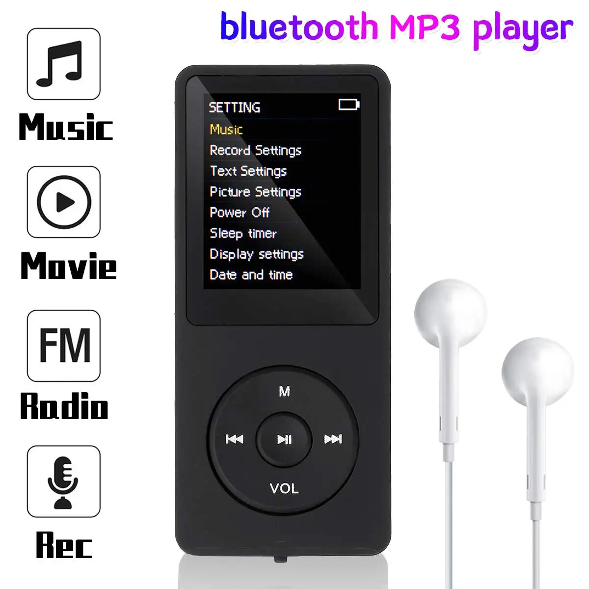 Reproductor de MP3 con bluetooth, hasta 128GB, auriculares HiFi, fm, Radio, deporte, MP 4, HiFi, reproductor de música portátil, grabación de voz, tarjeta TF