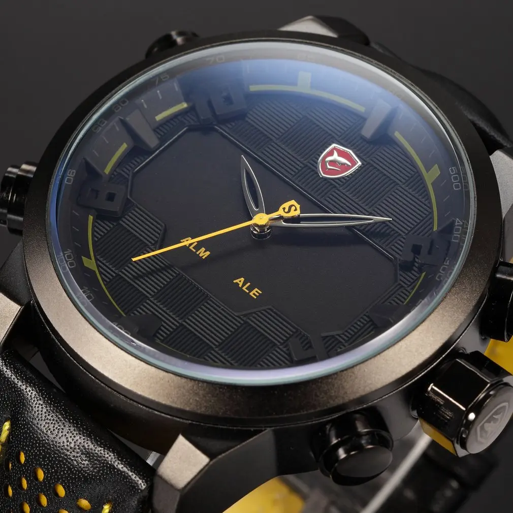 Новая Серия Акула Аналоговый Цифровой Двойной Дисплей Кожаный Ремешок Несколько Часовых Поясов Черный Красный Цвет Корпус из Нержавеющей Стали для Мужчины Водонепроницаемые СИД Спортивные Мужские Наручные Часы/SH203 - Цвет: Yellow SH204