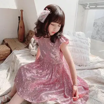 

kids baby girls dress 2020 summer Sweet pink sequined short sleeve dress with high quality and comfortable girls clothes