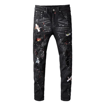 

Sokotoo Men's black bird embroidered painted ripped jeans Streetwear holes patchwork stretch denim pants Skinny pencil trousers