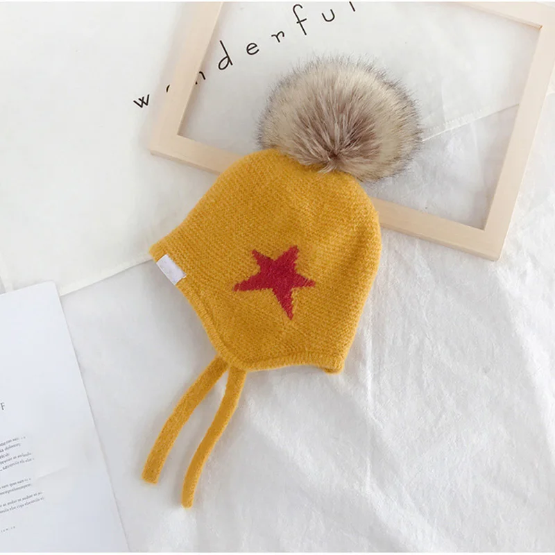 Помпон детская шапочка колпачок шерсть звезда вязаная детская зимняя шапка для детей теплая защита ушей шляпа для фотографирования новорожденных реквизит - Цвет: Ginger Yellow