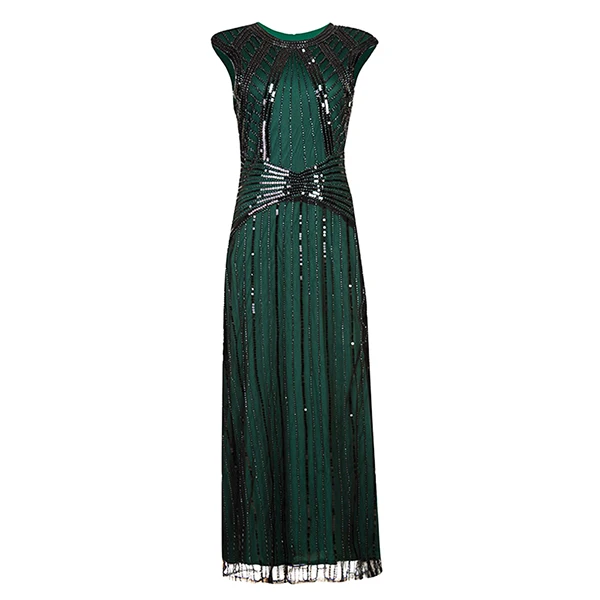 Green 1920s длинные платья с пайетками, женские винтажные платья, большие вечерние платья в стиле Гэтсби, арт-деко, миди, украшенные, сексуальные летние платья без рукавов - Цвет: Green