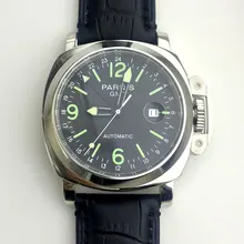 Часы Parnis 44 мм GMT автоматический механизм мужские часы из нержавеющей стали полированный кожаный ремешок