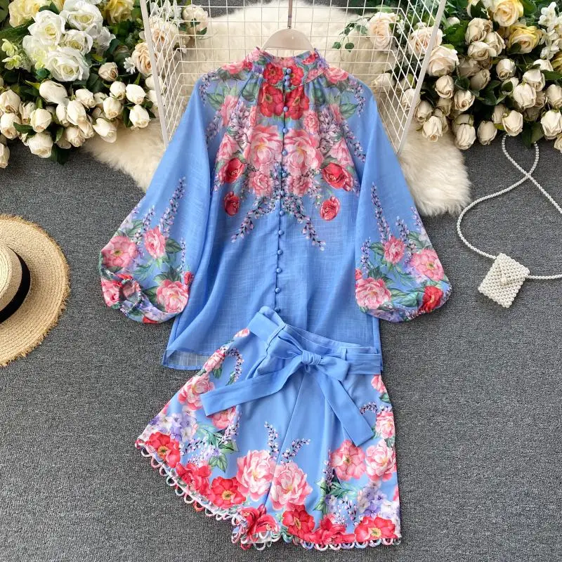 matching workout sets Beachapche 2021 Women Fashion New Vintage Long Lantern Sleeve Single Breasted Print Shirt + Wide Leg Shorts Two Piece Sets cute two piece sets